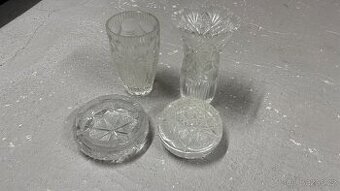 Broušené sklo 2x váza, popelník a miska s víčkem