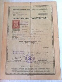 Válečný doklad HEIMATSSCHEIN - Domovský list z roku 1942