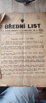 Úřední list vojenský odvod 1913 c.k.hejtmanství v Mělníce