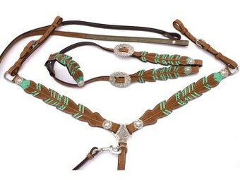 Zelený set uzda+poprsák+oťaže