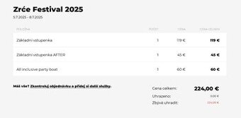 Prodám lístky na Zrce festival 2025 - 5.7. - 8.7. 2025