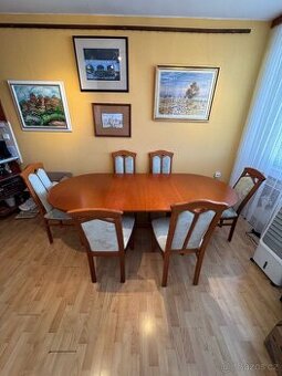 Rozkládací dýhovaný jídelní stůl, 136(214)x95 + 6x židle