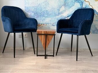 Sametové židle modré 2 ks + stolek / designový nábytek