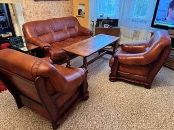 Sedací kožená souprava z masivu + konferenční dřevěný stůl