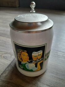 Keramický půllitr s kovovým víčkem, malovaný, Gösser Beer
