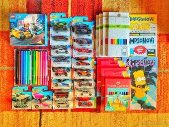 18x hot wheels autíčka, Lego City, pastelky, fixy