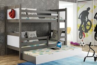 NOVÁ Patrová postel palanda MASIV borovice grafit 3x MATRACE