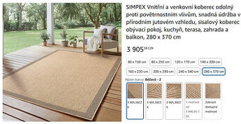 Venkovní koberec 280 x 370 cm - nový