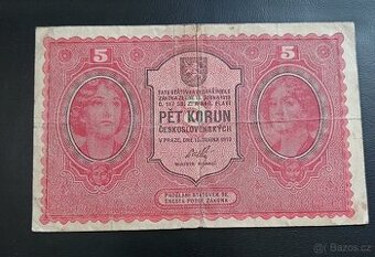 5 Kč 1919 Neperforovaná Vzácná bankovka