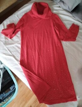 Dámské červené šaty - dlouhý svetr s velkým rolákem, vel. 40 - 1