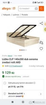 Postel 140x200 se zvedacím roštem - nové