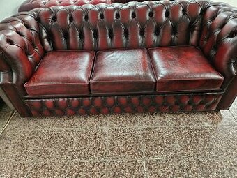CHESTERFIELD ŠTÝL,BORDOVO-ČIERNA SEDAČKA KOŽENÁ NA KOLEČKÁCH
