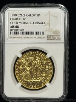 Zlatý československý 5 dukát Karel IV. 1978 NGC MS68