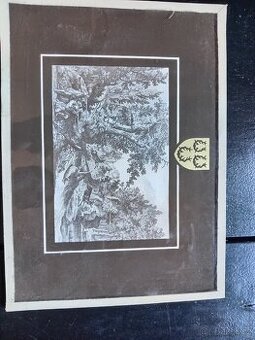 Myslivost grafika lov vysoké, 29x21, pasparta, sklo