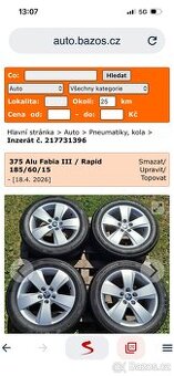 Koupím Škoda 3 kola Mato letní 185/60R 15
