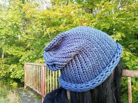 Nová pletená spadlá čepice 2v1 (kouřově modrá - jeans)