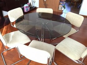 Kulatý skleněný stůl + 6 židlí