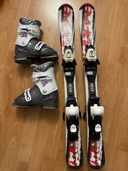 Dětské sjezdové lyže 90 cm, lyžáky 31 EU, hole