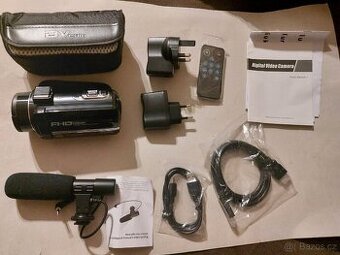 Videokamera nová s příslušenstvím.