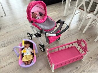 KOMPLET - Kočárek, peřinky, vajíčko, kolíbka, 2x panenka