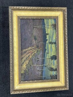 Starší olejomalba – krajina s cestou a břízami | olej na plá