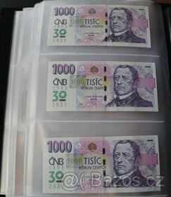1000 Kč s přítiskem ČNB 3 po sobě jdoucí bankovky . Série R.