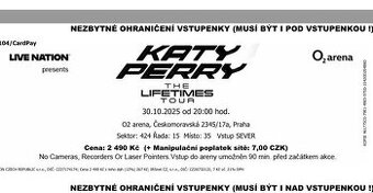Koncert Katy Perry, sektor 424 (sezení), 30.10.25, 2 vstupen