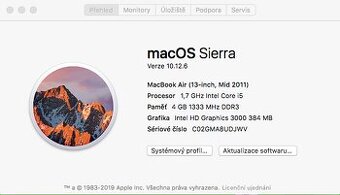 MacBook Air 13 palců procesor I5 4GB ram a disk 256
