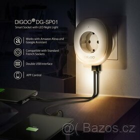 DIGOO Chytrá zásuvka s nočním světlem a 2x USB. 2 jednotky - 1