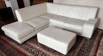 Bílá kožená rohová sedačka s taburetem,5979
