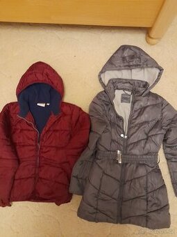 stříbrný kabátek a vínová bunda vel. 140