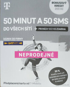 Předplacená karta T-mobile, SIM 200Kč, 50min+50sms