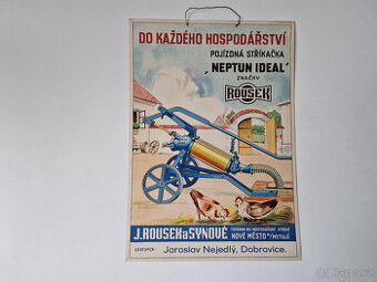 Reklamní papírová cedule stříkačka čerpadlo Neptun 30léta