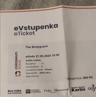 Prodám 2 lístky na muzikál Bodyguard na 21.5.
