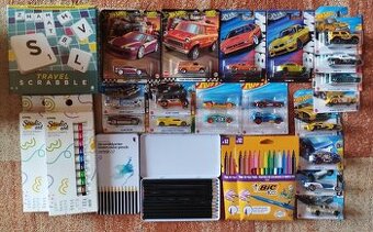 20x hot wheels autíčka, Scrabble, pastelky, fixy