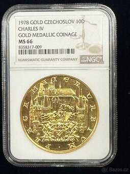 Zlatý československý 10 dukát Karel IV. 1978 NGC MS66