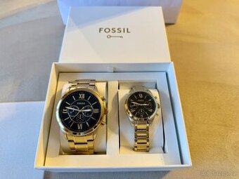 Hodinky FOSSIL Chronograf Zlaté,černý ciferník,set MEN/WOMEN