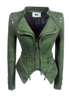 Khaki džínová bunda, motorkářský styl s cvočky