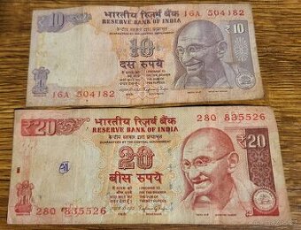 Konvolut bankovek 10 rupees a 20 rupees, India
