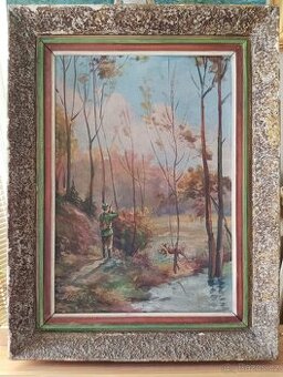 OBRAZ OLEJ NA KARTONU LOVECKÝ MOTIV SIGNATURA NEČITELNÁ