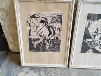 2x linoryt - povolaní krejčí/keramika signováno