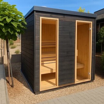 Designová venkovní sauna s elektrickými kamny Harvia