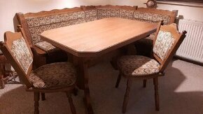 Rohová lavice dřevěná, masivní - stůl a židle
