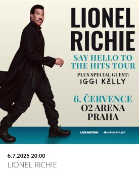 LIONEL RICHIE Praha O2 arena 6.7.- prodám vstupenky.