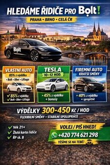 Práce Bolt BEZ KAUCE A PRONÁJMU VOZIDLA
