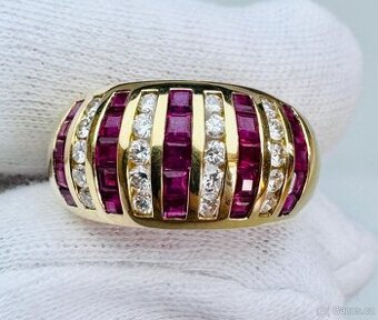 LUXUSNÍ 18K PRSTEN S PŘÍRODNÍMI RUBÍNY A DIAMANTY