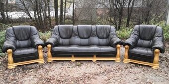 Kožená sedací souprava 3+1+1 s masivnim dubovým dřevem