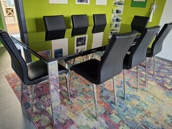 Jídelní stůl rozkládací, kov + sklo + kožené židle 8ks