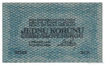 Vzácnější 1 Kč 1919 z 1. emise československých státovek