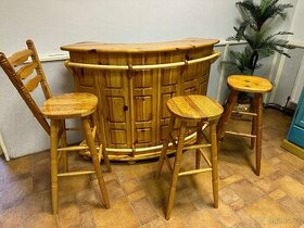 Dřevěný bar a 3 barové židle, masiv borovice - 1